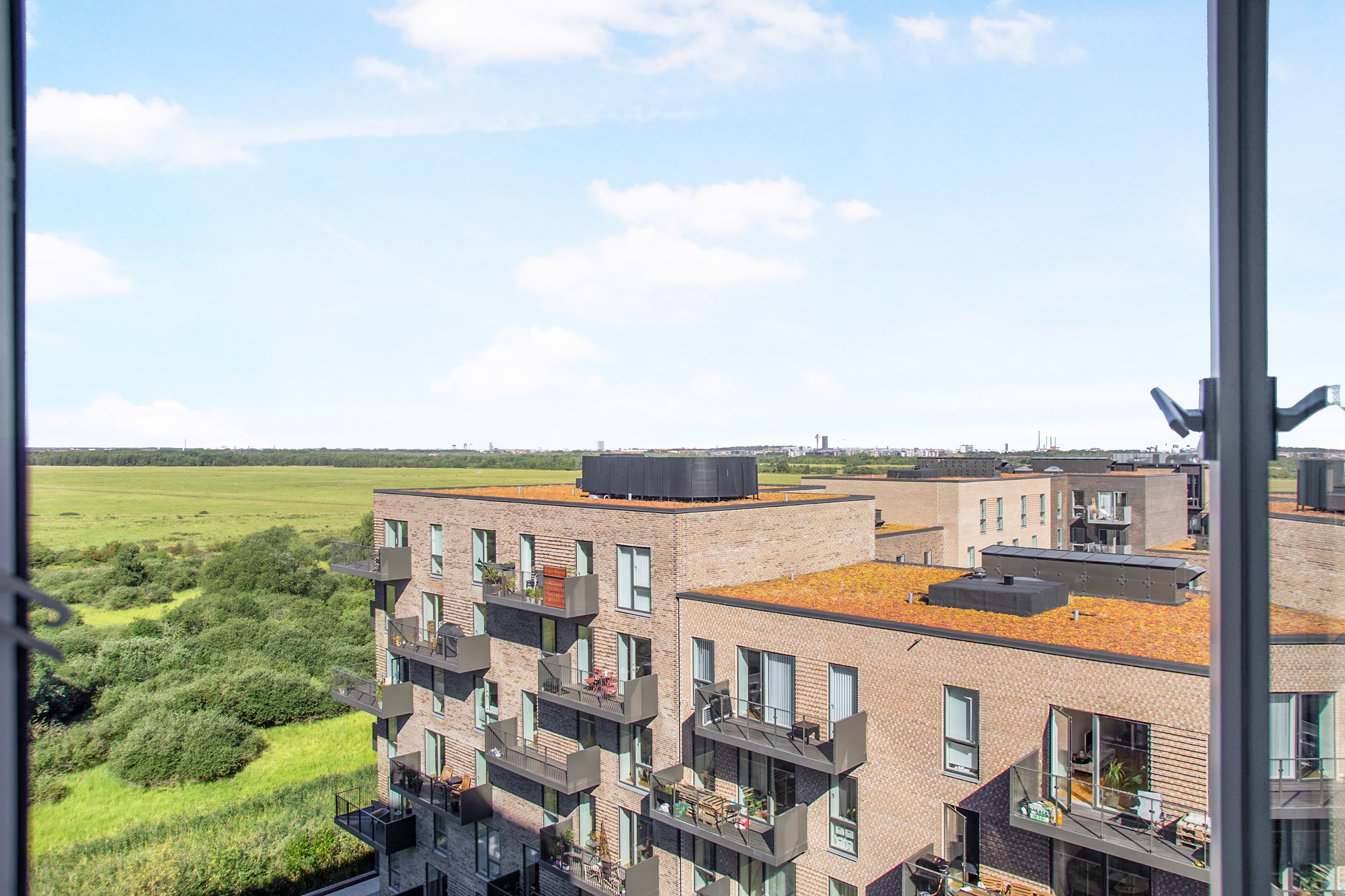 Udsigtsfoto fra Elsehus med kig ud over det omkringliggende grønne landskab.