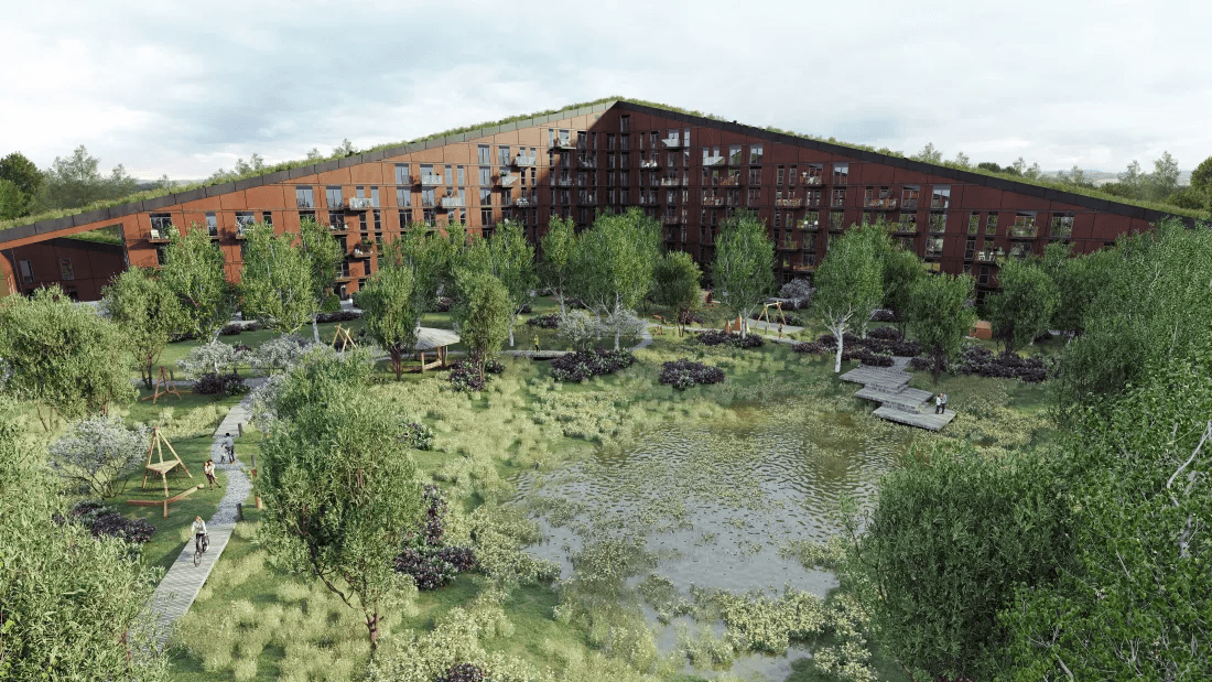 Visualisation of the courtyard at Green Hills in Solrød with green trees, a playground and a pond.