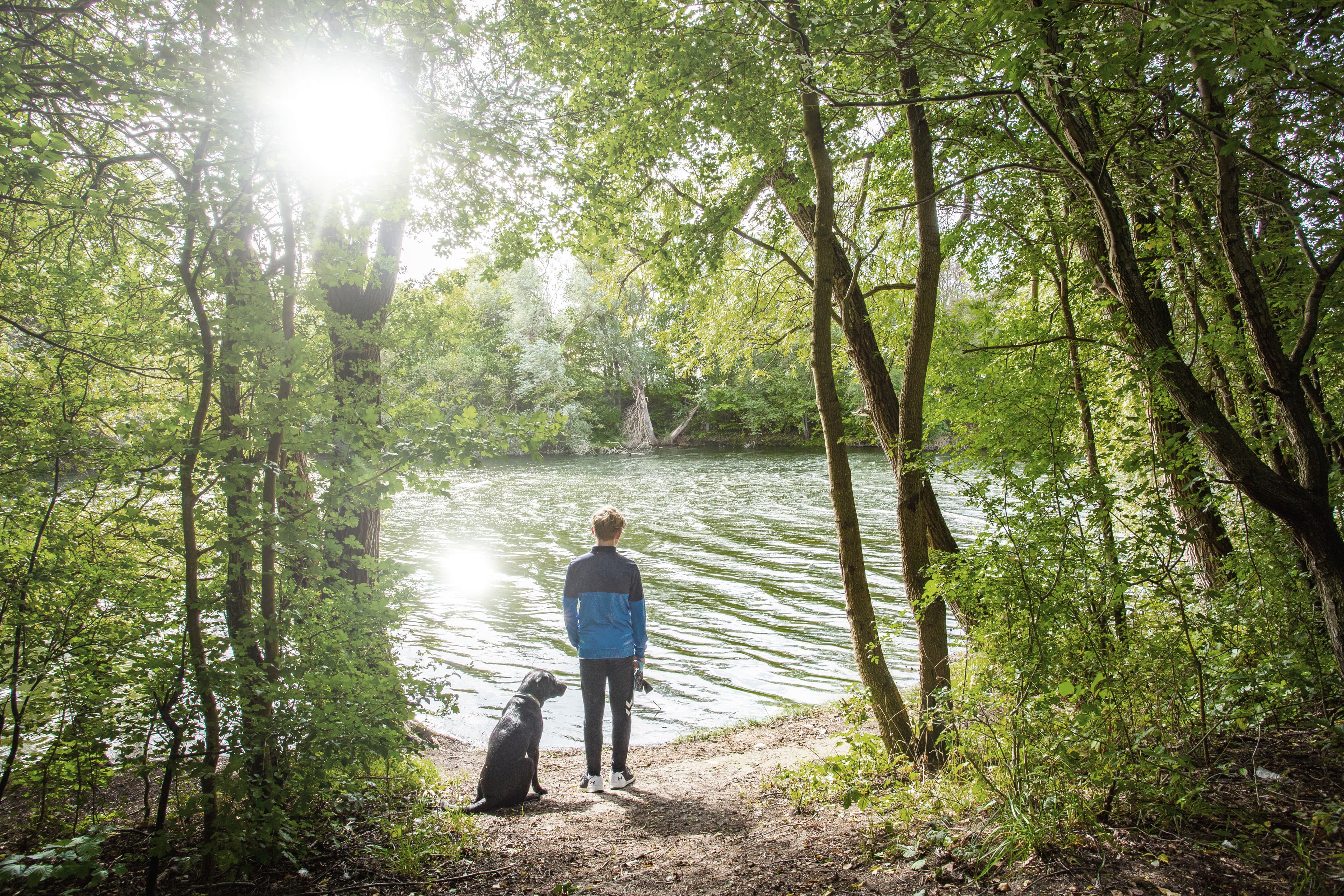 Dreng og hund står ved vandet i skoven
