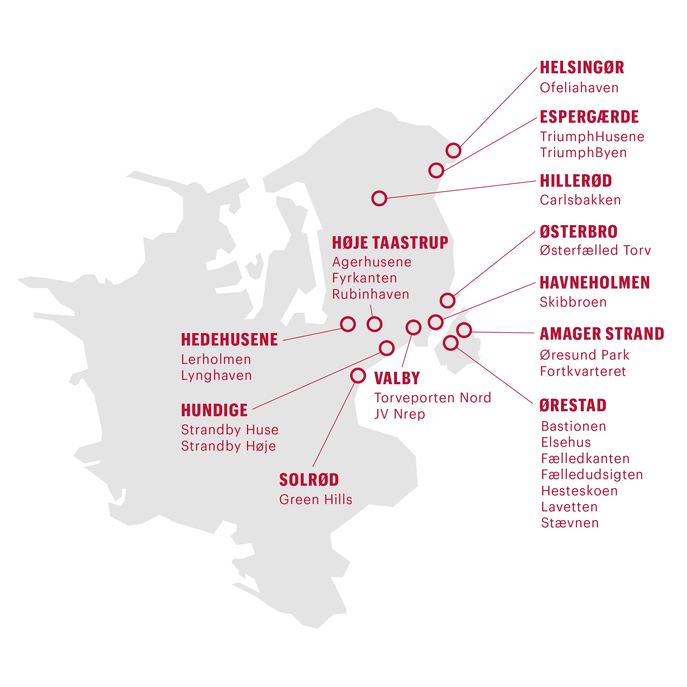 Map showing the locations of Balder’s properties on Zealand.