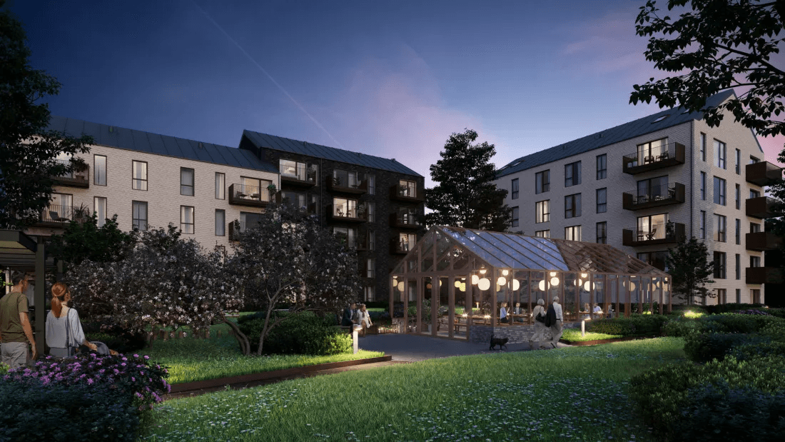 Visualisation showing the Ofeliahaven property in Helsingør and the courtyard with a greenhouse.