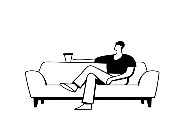 Stregtegning af person der sidder i sofa med en kop kaffe