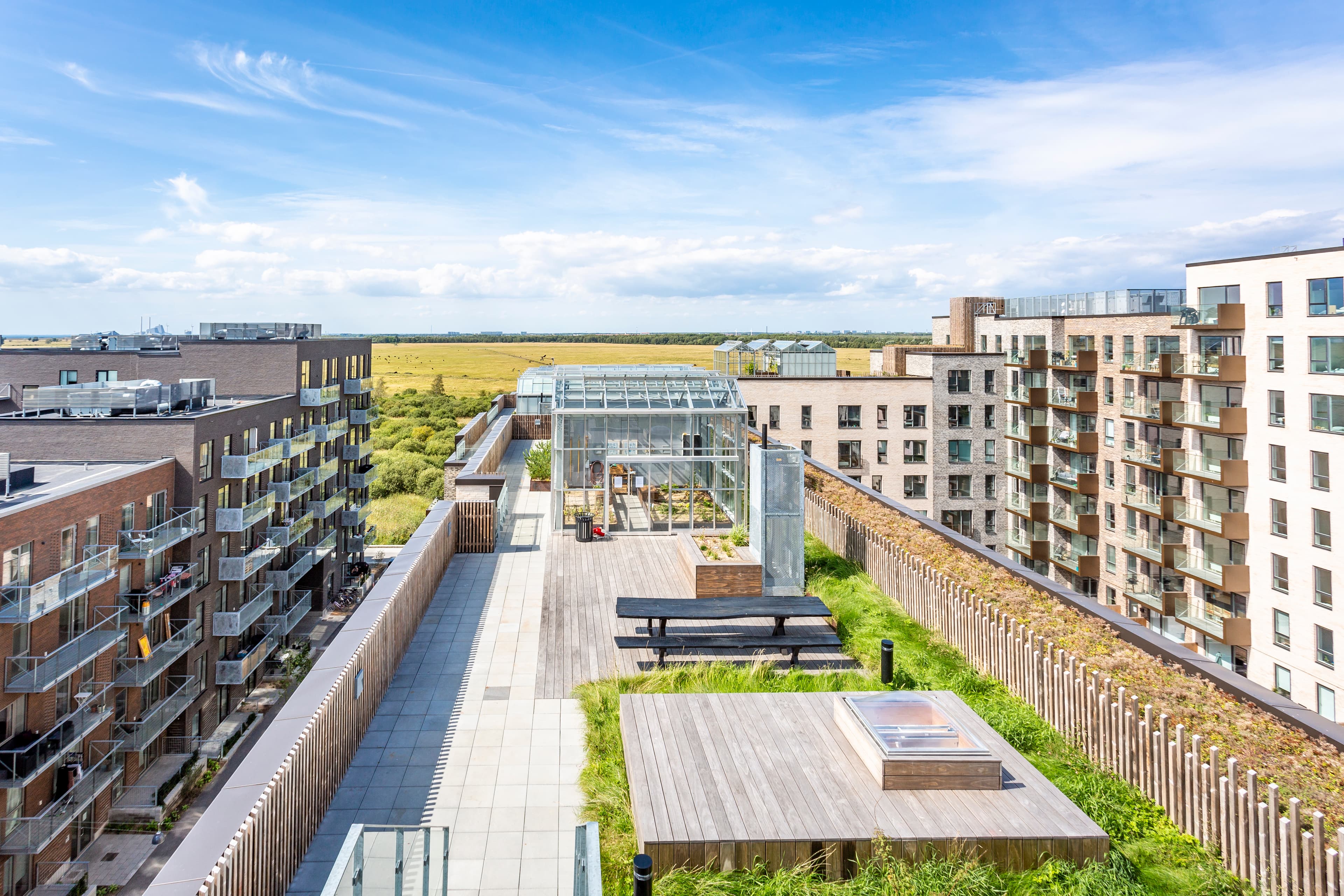 Eksteriørfoto af tagterrassen ved Fælledkanten med drivhus og udendørs opholdsareal.