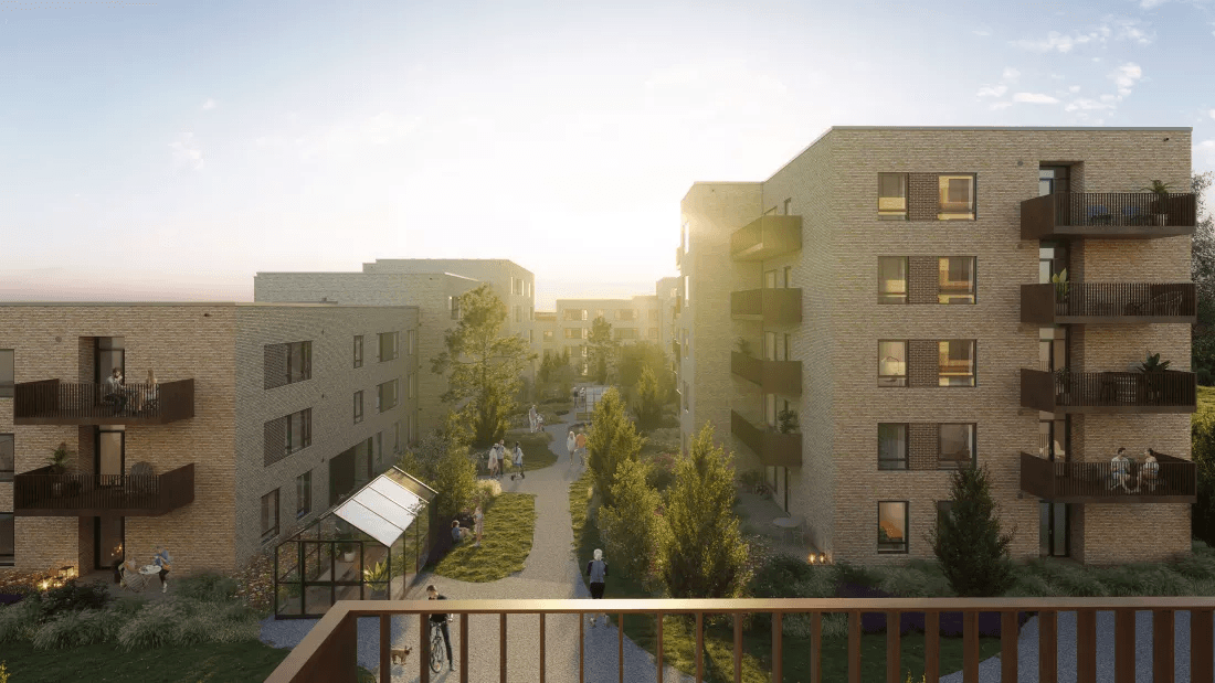 Visualisering, der viser ejendommen Lynghaven i Hedehusene samt gårdrummet